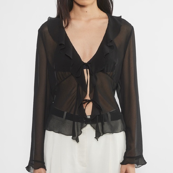 Wilfred Tops - Wilfred x Aritzia “Frenchy” Black Sheer Ruffle Blouse
